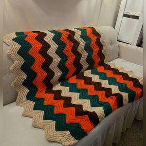 Handmade Chevron Crochet Throw Blanket in Green Orange & Cream